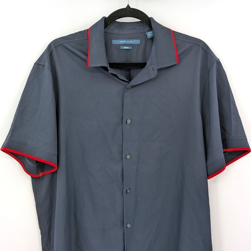Perry Ellis Button Up Shirt Short Sleeve Stretch Navy Red Trim XL Retro Dad - Picture 5 of 6